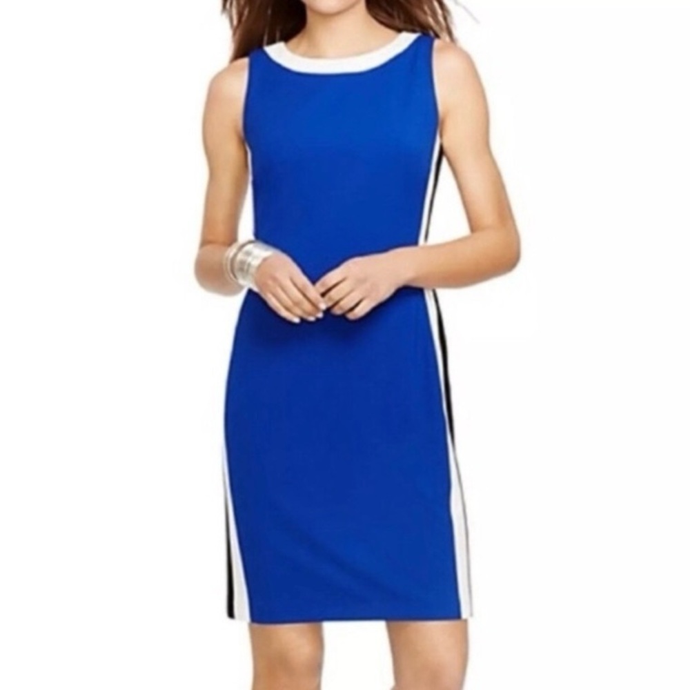 EUC Lauren by Ralph Lauren Blue Sheath Dress With Black White Striped 6